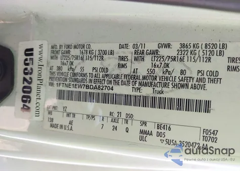 2011 Ford E-150 Commercial from USA, damaged, VIN 1FTNE1EW7BDA82704